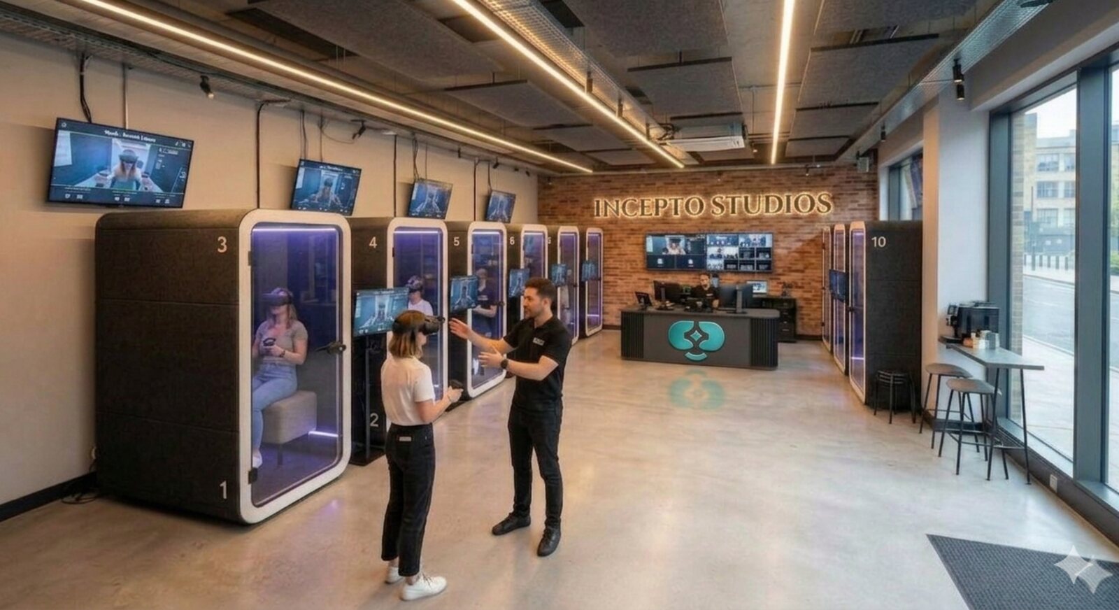 Inside an Incepto studio - VR booths and front desk